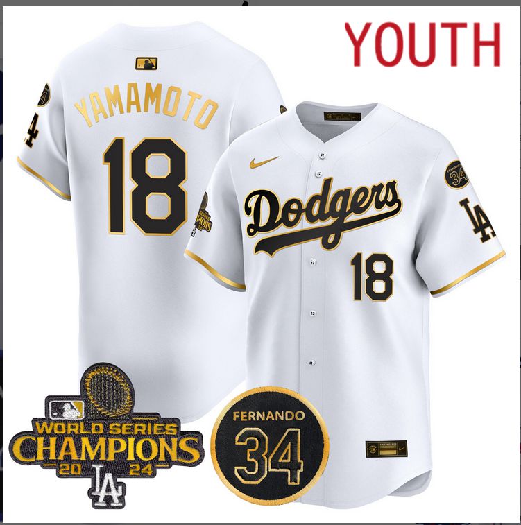 Youth MLB Los Angeles Dodgers 18 Yamamoto white 2024 World Series Champions Patch Limited Jersey style 5